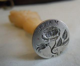 JACOBITE 'Rose & Bud' DESK SEAL, silver, on carved mother pearl
