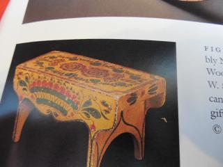 'Three Pink Rose' center in miniature foot stool dated 1820 - 1840, in Sumpter Priddy's book AMERICAN FANCY