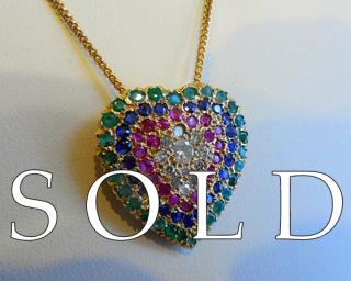 82 GEMS gold HEART with 2-1/2 carats total Diamonds, Rubies, Blue Sapphires & Emeralds