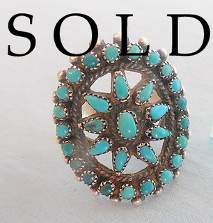 "STAR IN OVAL' ZUNI SILVER AND TURQUOISE  PETIT POINT RING