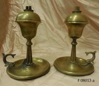 PAIR OF DOLPHIN HANDLE brass double-wick oil lamps