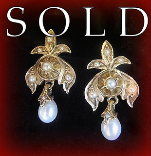 FLEUR DE LIS 18th century Revival gold and pearl earrings