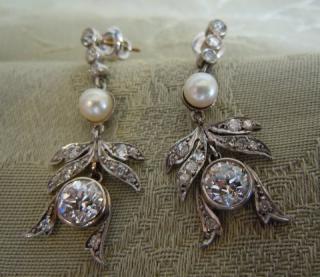EDWARDIAN - BELLE EPOQUE diamond and pearl earrings, Platinum and Gold