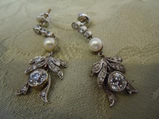 EDWARDIAN Diamond and Pearl Earrings, Platinum and white gold