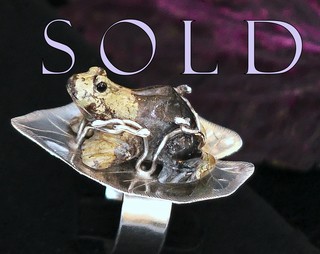 FROG ON A LEAF, Silver and Carved Stone Ring