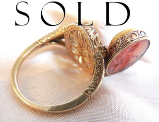 Roman goddess 'FORTUNA' (called Tyche by the Greeks) carnelian intaglio in exceptional gold Vinaigrette ring
