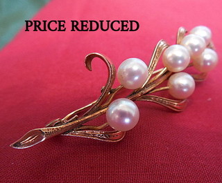 SEVEN PEARLS Floral Spray Brooch, 14k Gold, mid-century Japanese Akoya Pearls