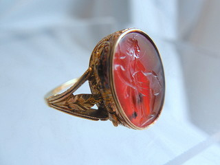 Roman goddess 'FORTUNA' (called Tyche by the Greeks) carnelian intaglio in exceptional gold Vinaigrette ring