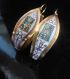 ROMAN MICRO-MOSAIC Egyptian Revival "Pharaoh Head" Serpent Ear Hoops