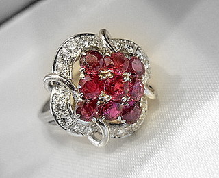 NINE RUBIES & TWENTY DIAMONDS Mid-Century 14k White Gold Ring