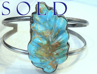 BIG CARVED TURQUOISE "LEAF" signed split shoulder cuff bracelet