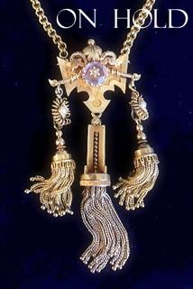 1871 patent HIGH VICTORIAN TASSELS gold necklace, amethyst and pearl accents