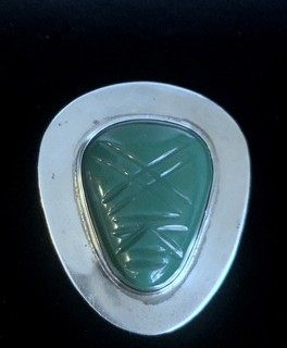 MID-CENTURY AZTEC FACE carved green quartz & heavy Sheet Silver brooch 