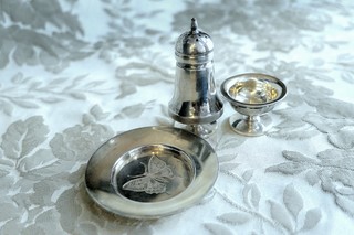 SALT CELLAR, PEPPER -SHAKER & original "Butterfly" BUTTER PAT Plate