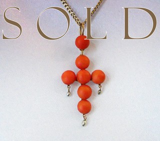 Antique Mediterranean Coral, 18k Gold & Pearls Pendant Cross Necklace