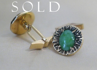GREEN JADEITE JADE 14K Yellow Gold modernist mid-Century Cufflinks