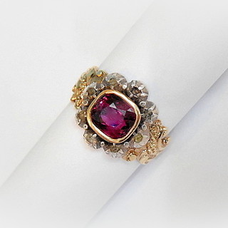 RUBY 2 CARATS in antique Georgian "Halo" of Rose Cut Diamonds Ring