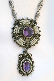 CELTIC REVIVAL "Shields" Necklace, 2 Amethysts and over 100 tiny River Pearls