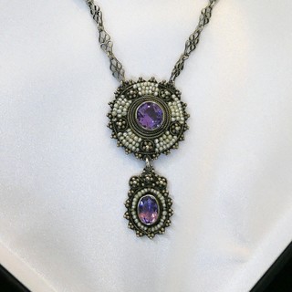 CELTIC REVIVAL "Shields" Necklace, 2 Amethysts and over 100 tiny River Pearls