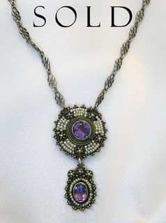 CELTIC REVIVAL "Shields" Necklace, 2 Amethysts and over 100 tiny River Pearls