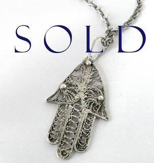 OLD FILIGREE SILVER "HAND OF FATIMA" (HAMSA) 26" CHAIN NECKLACE
