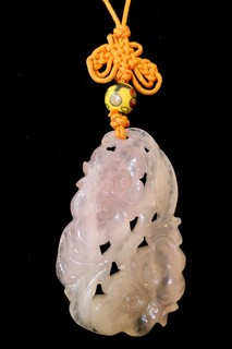 "LOTUS-BLOSSOMS & KNOT" CARVED ROSE QUARTZ & SILK MACRAME NECKLACE