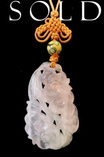 "LOTUS-BLOSSOMS & KNOT" CARVED ROSE QUARTZ & SILK MACRAME NECKLACE