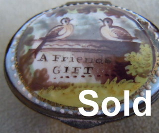 “A FRIEND'S GIFT”  (PAIR OF BIRDS) Georgian oval enamel miniature “patch” box