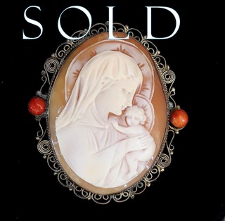 'Virgin & Child' antique  shell cameo with paired coral cabochons