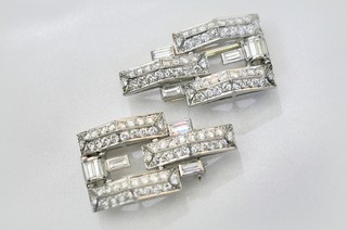 PLATINUM & DIAMOND CLIP BROOCHES, PAIR, High Art Deco circa 1925