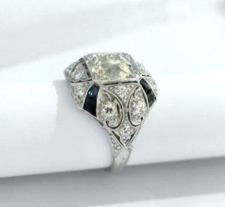 HIGH ART DECO Platinum & Diamonds Ring, Blue Sapphire Accents