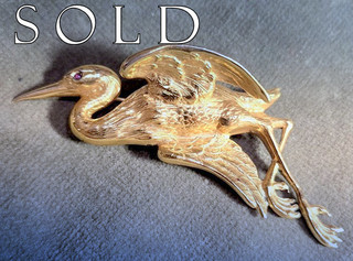 BIG STORK BROOCH, Vermeil, copyright 1904, signed