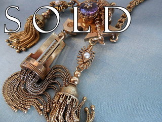 1871 patent HIGH VICTORIAN TASSELS gold necklace, amethyst and pearl accents