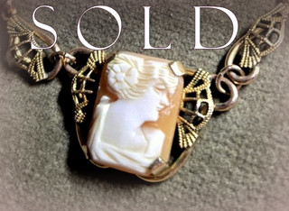 "GIBSON GIRL" Carved Shell Cameo & Lacy Openwork Lavaliere Necklace