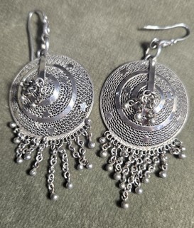 CONICAL SHIELD, STARS & FRINGE FILIGREE SILVER EARRINGS