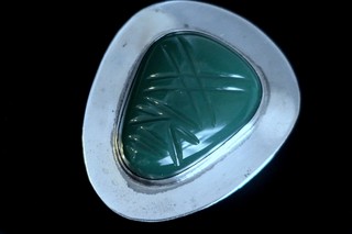 MID-CENTURY AZTEC FACE carved green quartz & heavy Sheet Silver brooch 