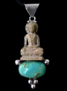 CARVED STONE BUDDHA PENDANT, in Silver with Turquoise