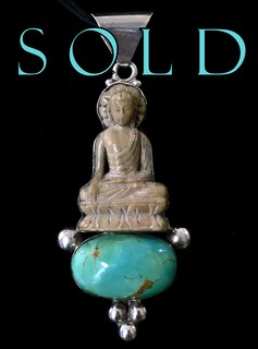 CARVED STONE BUDDHA PENDANT, in Silver with Turquoise