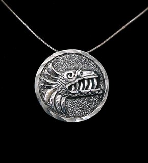 FEATHERED SERPENT Mexican Sterling Silver Disk pendant