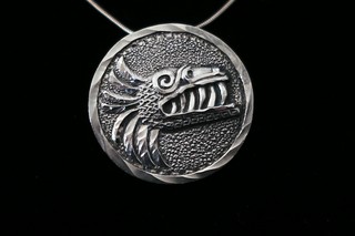 FEATHERED SERPENT Mexican Sterling Silver Disk pendant