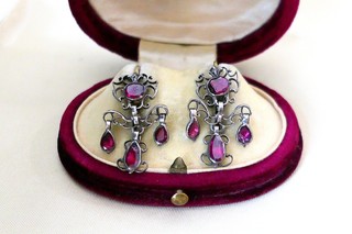 Early Girondelle Earrings, Garnets, Silver Open Scrolls & Gold