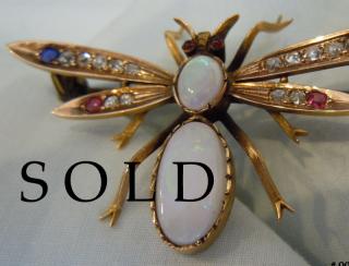 WINGED INSECT PIN, Precious White Opal, fourteen Old Mine Cut Diamonds, circa 1905