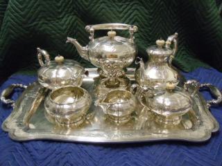 Tray, Kettle on Stand, Coffee Pot, Tea Pot, Bowl, Sugar and Cream Pitcher