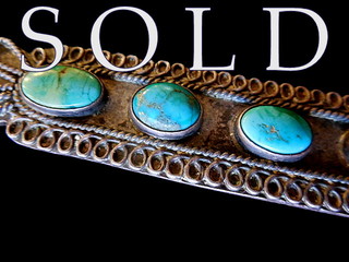 EARLY "OLD PAWN" AMERICAN SOUTHWEST (NAVAJO)  BAR  with Six Vivid Natural Untreated Turquoise