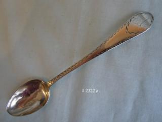 6-3/4" long, "bright cut" engraved dessert spoon,slightly pointed oval “old English” handle