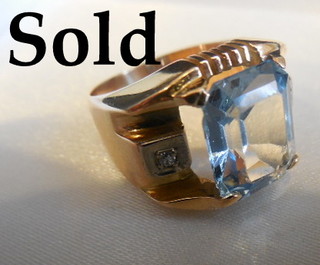 'Architectural' 18k Gold and Blue Stone Ring with accent diamonds