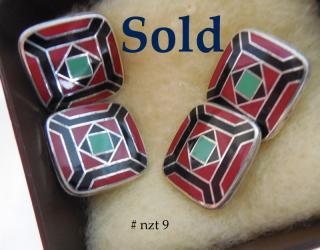 GREEN, BLACK & RED enameled silver French Art Deco cuff links