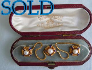 R.& S.GARRARD & Co, 1843-1909, Natural Pearls, Gold & Blue enamel formal button studs